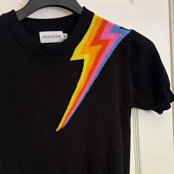 Black Short-Sleeve Sweater with Rainbow Lightning Bolt - Picture 3 of 4